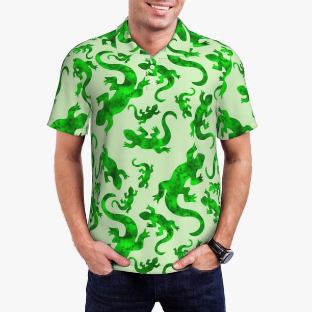 Fotbe Green Lizard Camiseta Polo de Golf para Hombre con Estampado – Camisa Deportiva Transpirable con Cuello Abotonado-Small
