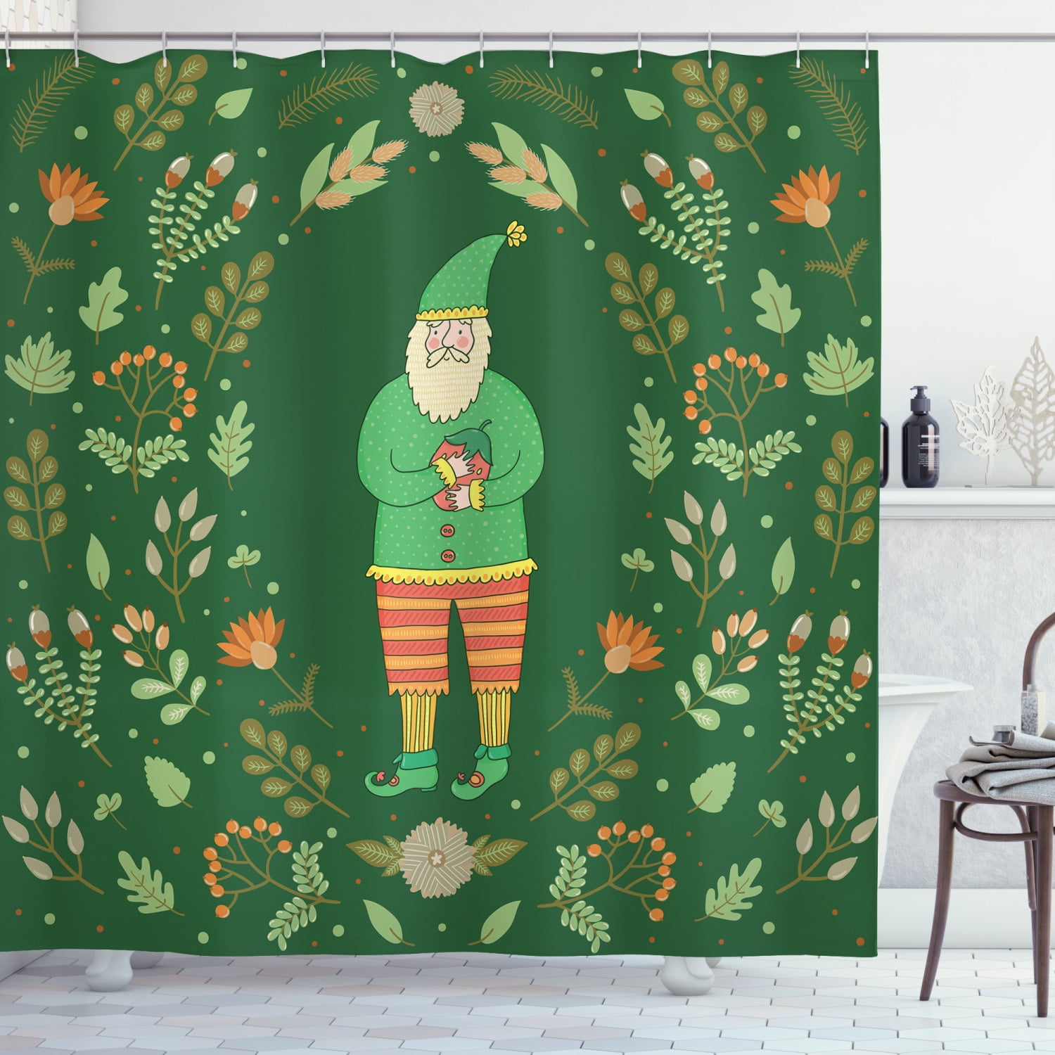 Gnome Shower Curtain, Botanical Herbs Branches Flowers with Man with a