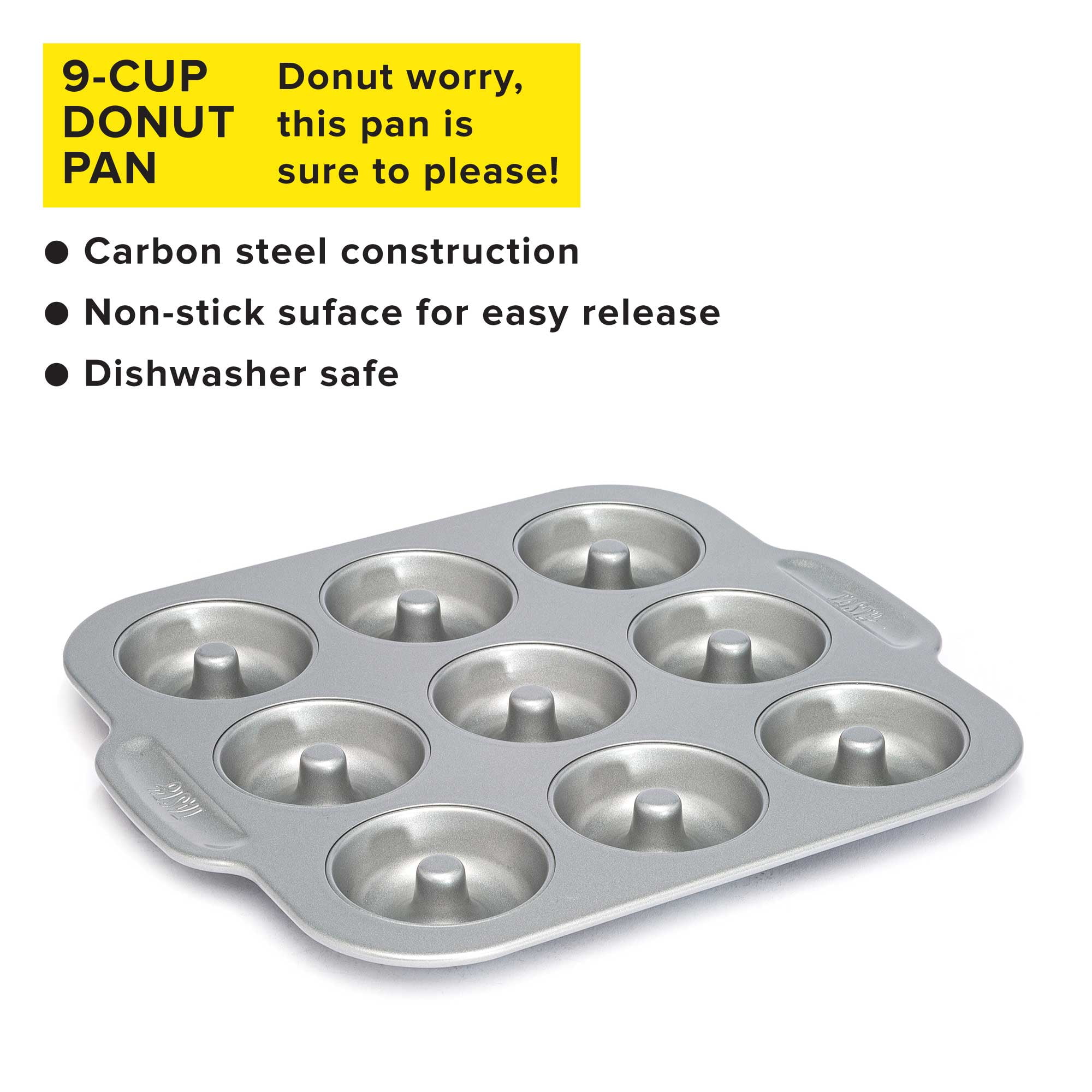 Tasty 2 Piece Carbon Steel Non-Stick Kitchen Donut Baking Pans, 9 Cup