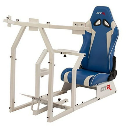 Triple Monitor System GTR Racing Simulator GTAF-WHT-S105LBLWHT - GTA-F Model (White) Triple or Single Monitor Stand with Blue/White Adjustable Leatherette Seat, Racing Simulator Cockpit gaming chair Single Monitor Stand ()