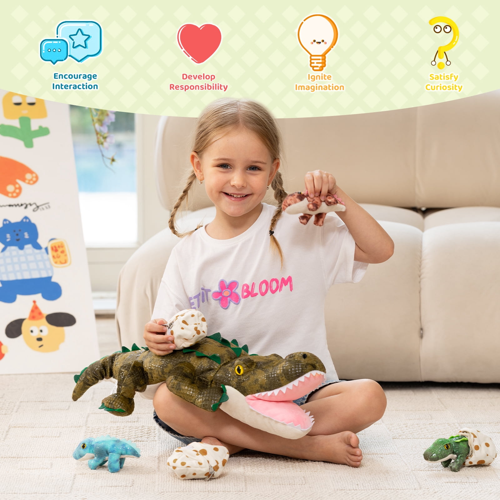 MorisMos 24" Alligator Stuffed Animal Mommy Stuffed Crocodile with 3 Babies and 3 Eggs