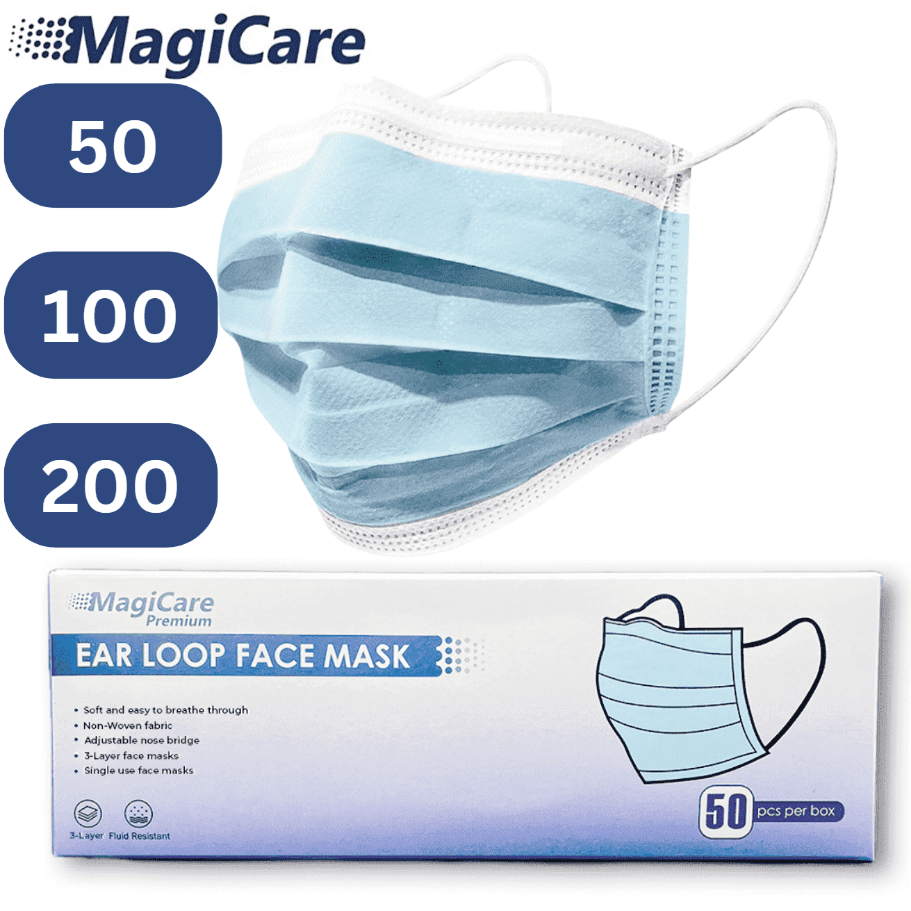 MagiCare Protective Face Masks - Breathable 3 Layers of Protection Premium Blue Face Mask for Adults - 50ct Box