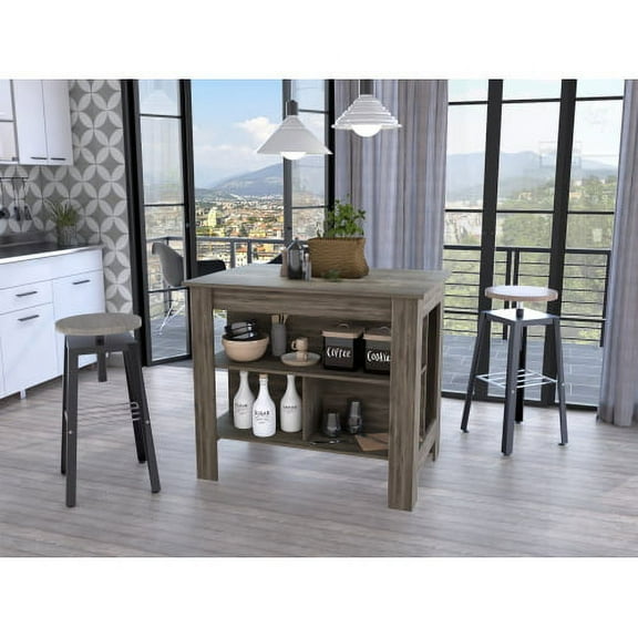 Knubmt Kitchen Island with 3 Shelf, Wood Top Counter Height Table for Living Room, Kitchen, Dining Room, Dark Brown