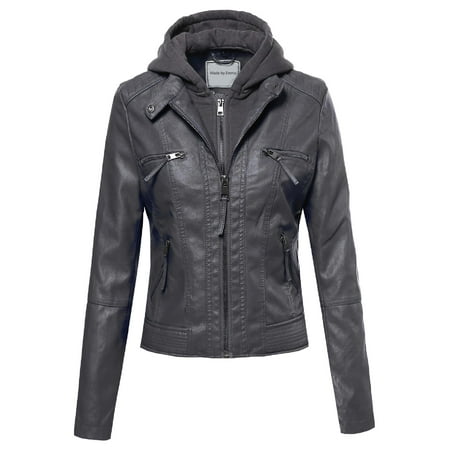 Shearling Leather Coat - FashionOutfit Women's Faux Leather Rider Jacket With Detachable Hood