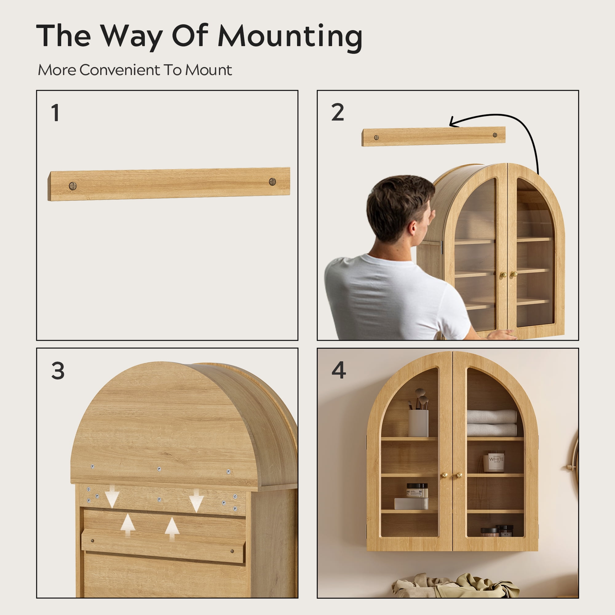 EYYTHUNG Large Arched Wall Cabinet, Bathroom Medicine Cabinet Cupboard with Adjustable Shelf, Natural Oak