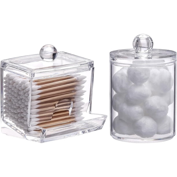 2 recipientes para hisopos de baño con tapas de bambú, dispensador de hisopos de algodón de 10/7 oz, tarro organizador de boticario transparente para almacenamiento.