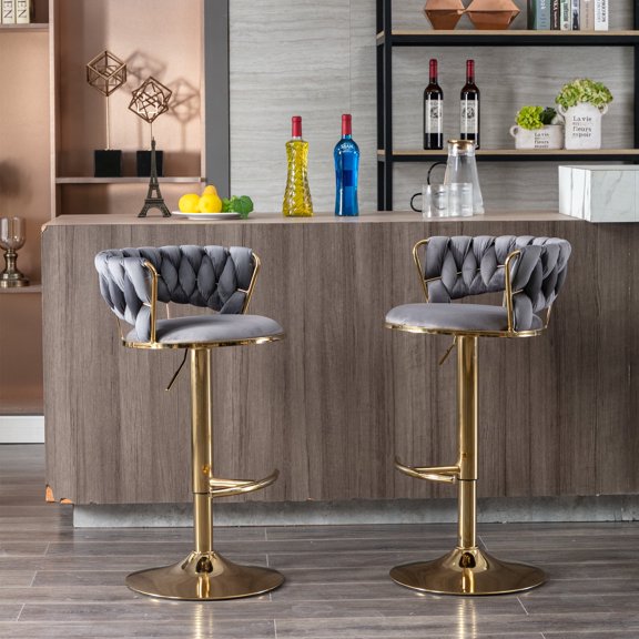 Set of 2 Bar Stools,with Chrome Footrest and Base Swivel Height Adjustable Mechanical Lifting Velvet Golden Leg Simple Bar Stool-Gray