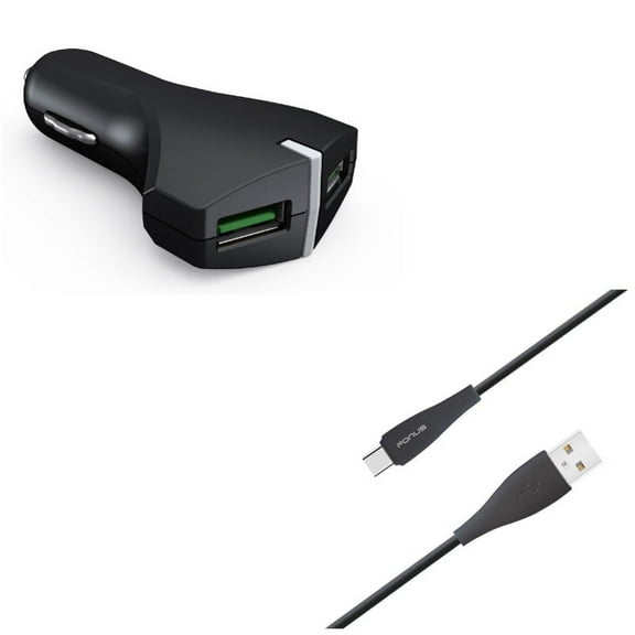 2-Port USB 36W Fast Car Charger w Charger Cord Type-C 6ft USB Cable X4J for Acer Liquid Jade Primo - Alcatel PulseMix, 7, Idol 5S 5 4S - ASUS Zenfone V Live, ROG Phone, AR 6 5z 4 Pro