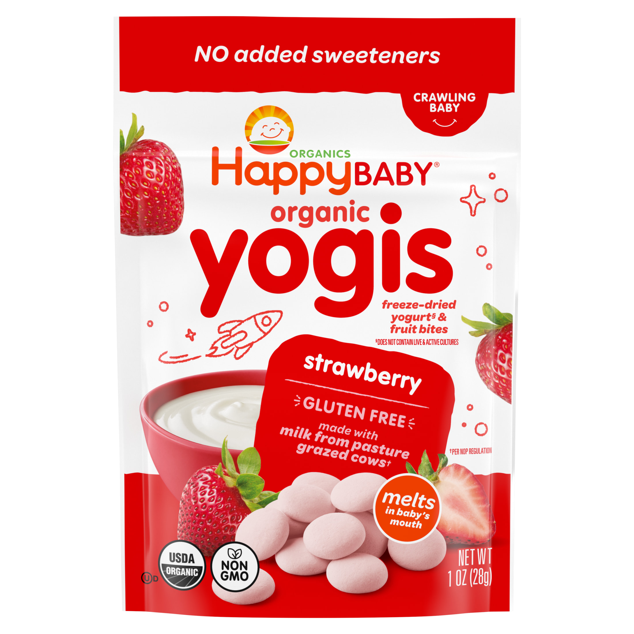 Happy Baby Organics Yogis, Strawberry & Yogurt Organic Freeze-Dried Baby Snack, 1 oz Bag