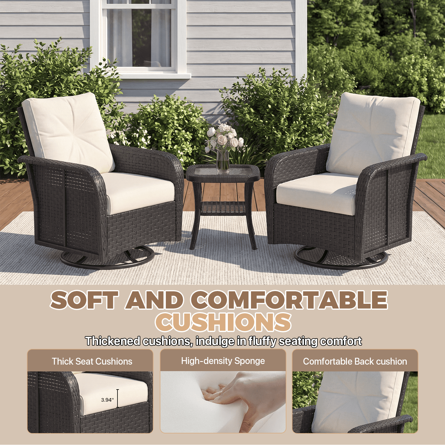 BaPiPro 7-Piece PE Wicker Patio Furniture Set with Swivel Chairs, Beige Cushions, Steel Frame & Glass Table, All-Weather for Patio, Garden & Poolside, Black Wicker