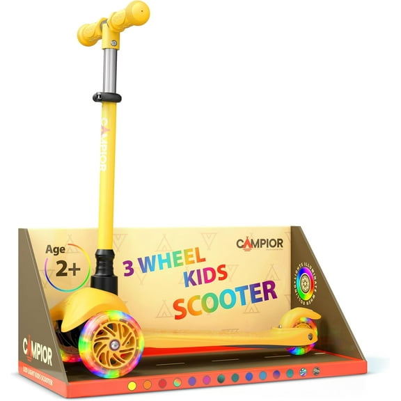 Mini 3 Wheel Kids Scooter with LED Wheels, Adjustable Handlebar, Wide Anti-Slip Deck, Smooth PU Wheels, Rear Foot Brake, Toddler Scooter for Ages 2 , Yellow