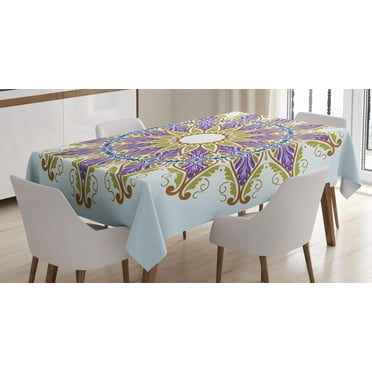 Purple Mandala Tablecloth, Traditional Ornamental Pattern in Arabesque Style with Artistic Leaf Forms, Rectangular Table Cover for Dining Room Kitchen, 52 X 70 Inches, Multicolor, by Ambesonne