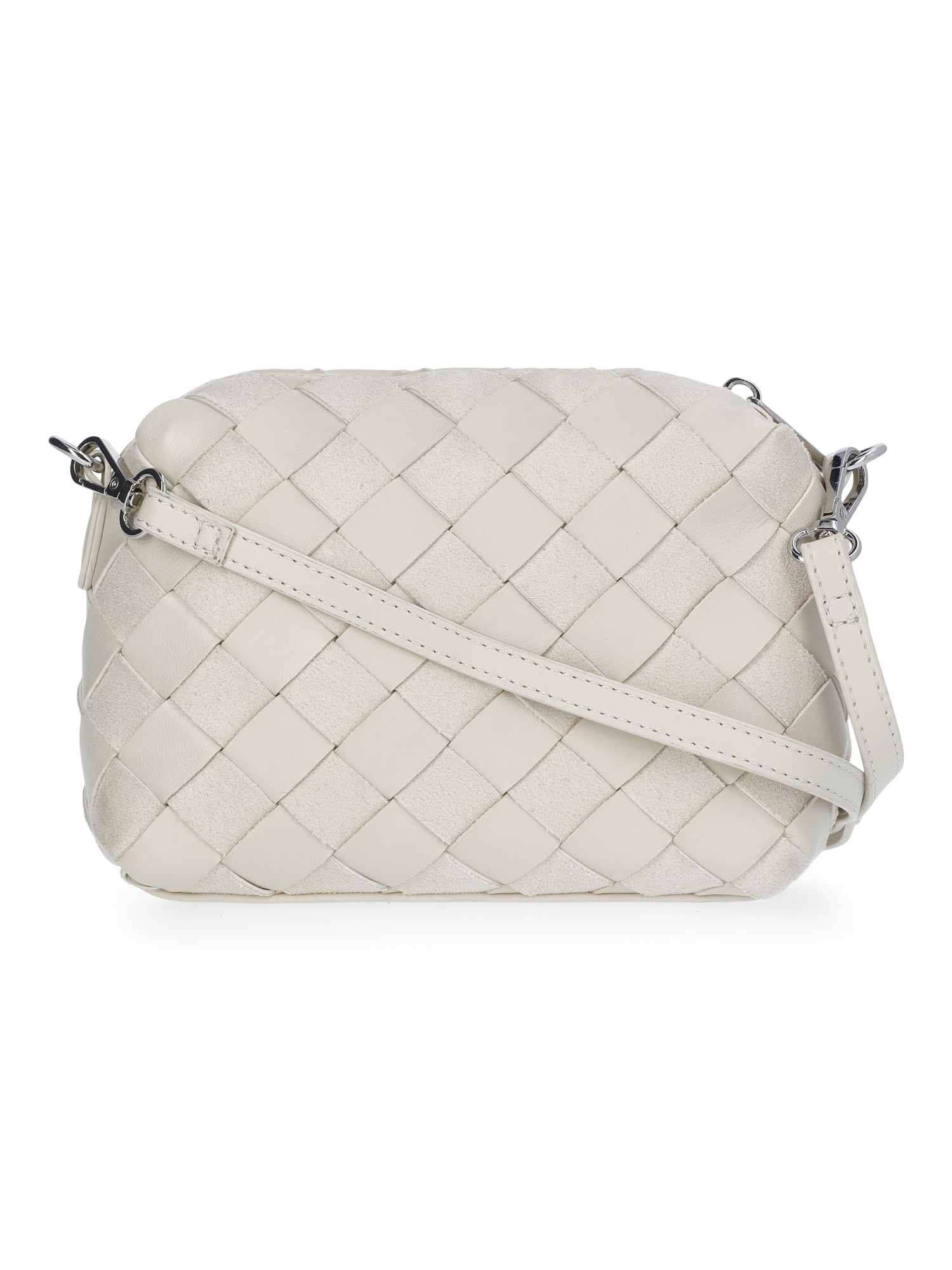 Time and Tru Women's Faux Leather and Suede Woven Camera Crossbody Bag, Beige