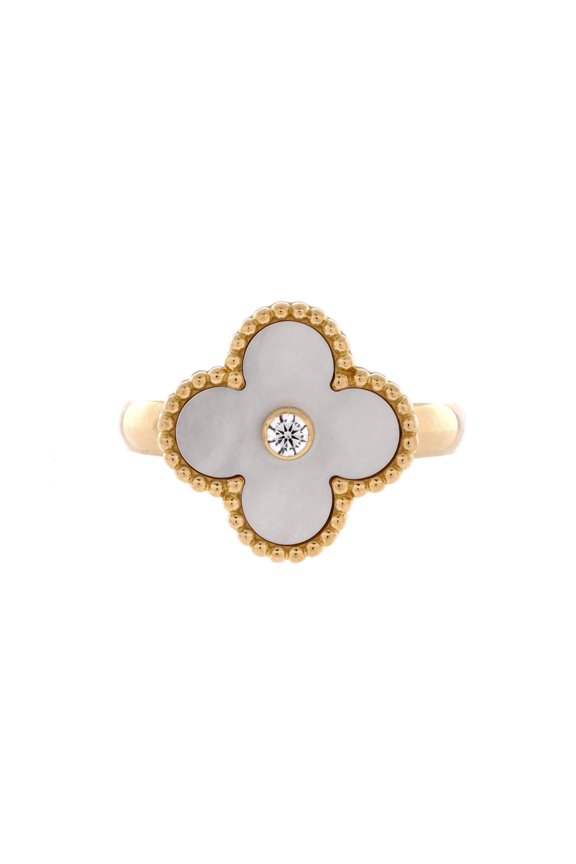Pre-Owned Vintage Alhambra Ring 18K Yellow Gold with Mother of Pearl and Diamond By Rebag