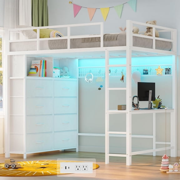 Afuhokles Twin Size Loft Bed with Desk and 8 Drawers and Charging Station, Metal Loft Bed Twin with LED Lights, Storage Shelves, White