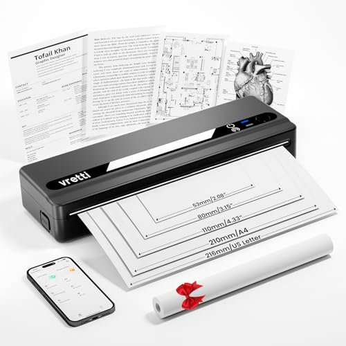 Impresora portátil vretti - Impresora térmica inalámbrica A4 para viajes, hogar y oficina, compatible con iOS, Android y portátiles, compatible con tamaño carta de EE. UU., A4 y B5.