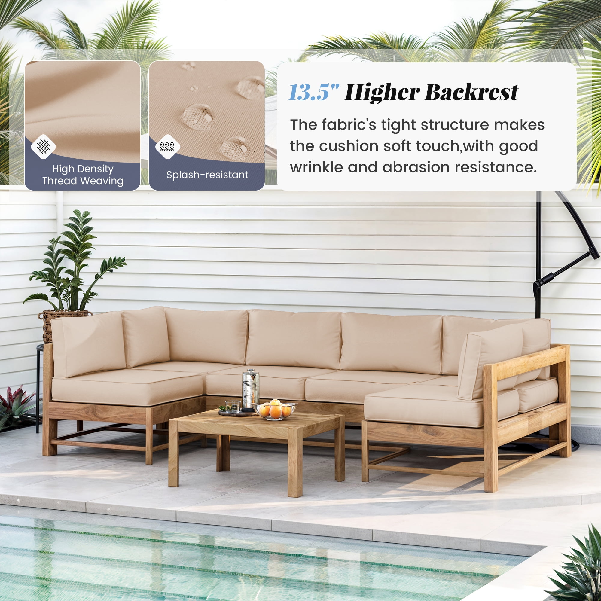 ELPOSUN 7-Piece Sectional Outdoor Cushion Set - Replacement Cushions for Patio Furniture, Waterproof & Weather-Resistant Lounge Sofa Cushions (Khaki)
