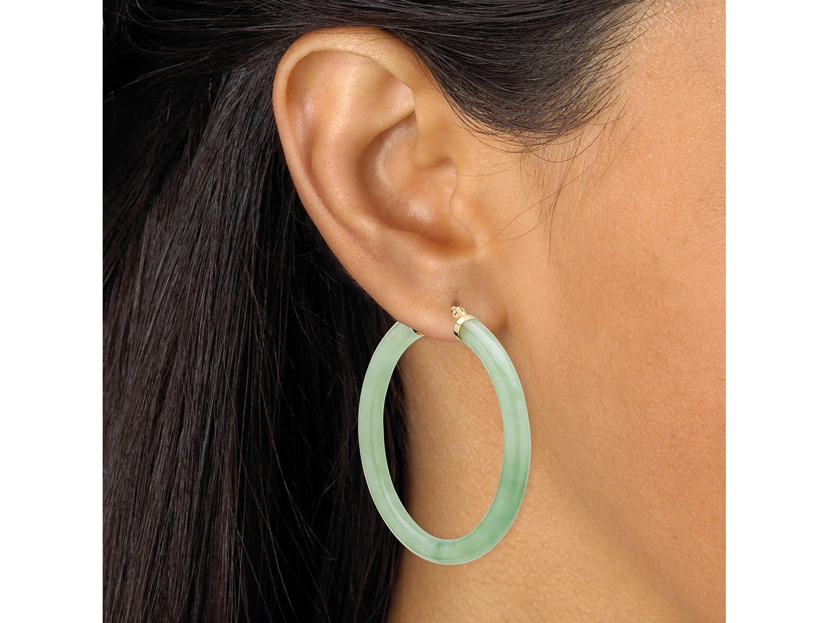 Genuine Green Jade 10k Yellow Gold Hoop Earrings 1 3 4
