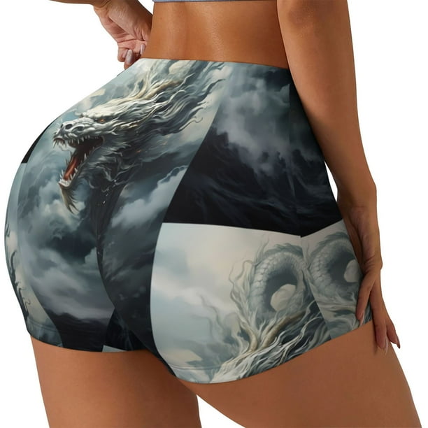 Fotbe Cloud White Dragon Shorts Sin Costuras – Shorts Deportivos de Cintura Alta para Mujer, Elásticos para Gimnasio, Yoga, Running o Ciclismo-Small