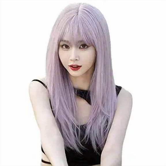 24 Inch Long Straight Wig for Women, Natural Synthetic Wig with Bangs, Party, Cosplay & Costume Halloween Wigs, Purple Pink
