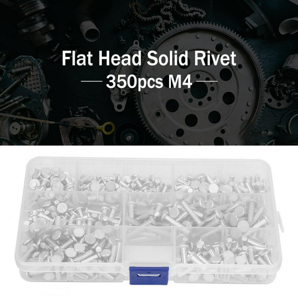 Remaches sólidos, 350 piezas de aluminio de cabeza plana M4 4 mm 6 mm 8 mm 10 mm 12 mm 16 mm 20 mm Kit surtido de remaches sólidos, con caja de plástico Remache sólido de Spptty Herrajes de fijación