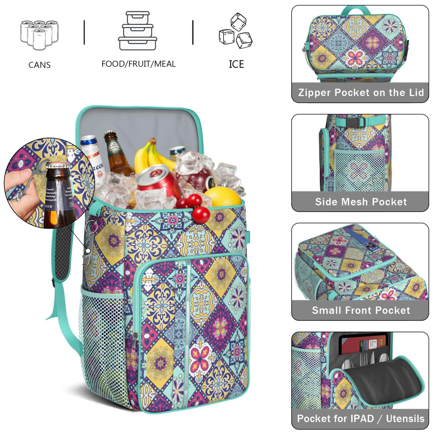 Travel Cooler Bag - Boho Bohemia Flower Camping Beer Cooler Backpack with Bottle Opener- Waterproof Insulated Picnic Backpacks - Cooler Bag for Beach