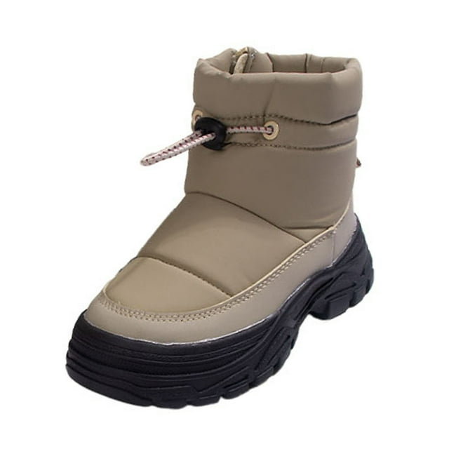 Khaki Snow Boots For Children 7-14 Years, Fleece Lining With Snowflake Design, High Top, Comfortable Soft Sole For Winter