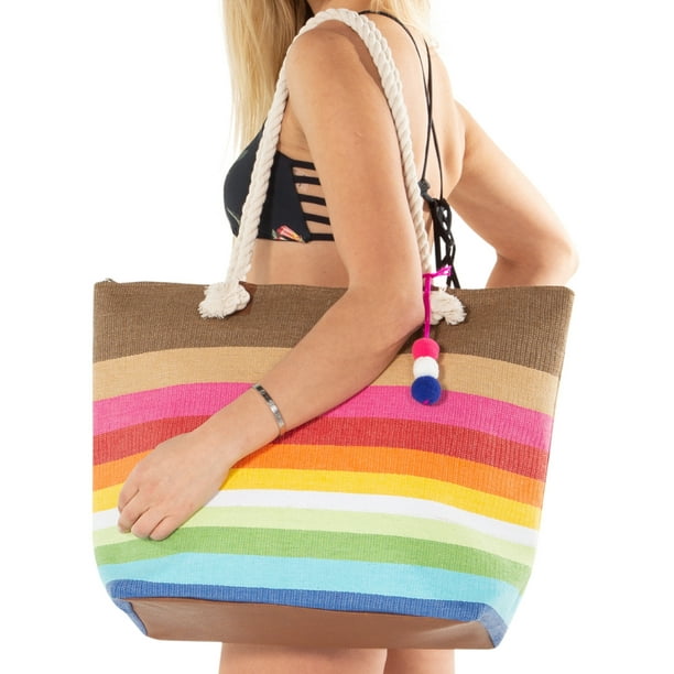Pier 17 Large Zipper Top Stripe Straw Look Beach Bag Tote 20"x15"x6