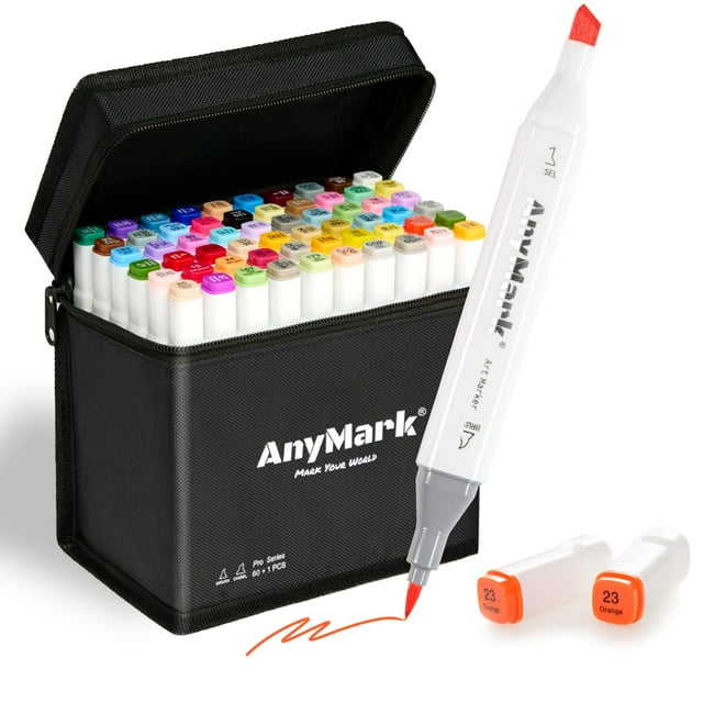 Juego de rotuladores de alcohol AnyMark de doble punta, 61 colores con funda
