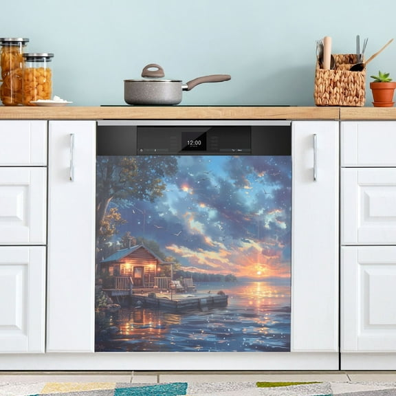Dishwasher Magnet Cover Magnetic Fridge Door Cover Home Kitchen Decor Lakehouse in Sunset 23"x 26"