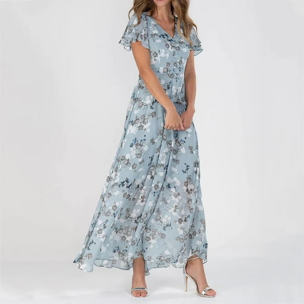WILLBEST Vestidos de Mujer Vestidos de Mujer Vestido Largo de Gasa Floral Manga Corta Volantes Cuello En V Vestido Fluido de Cintura de Moda Vestidos Chica