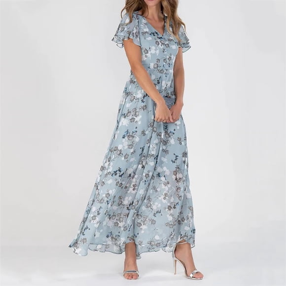 Trendy Women's Casual Dress Swing Style Chiffon Floral Ruffle Short Sleeve V Neck Waist Flowy Fashionable Dresses for Everyday Wear