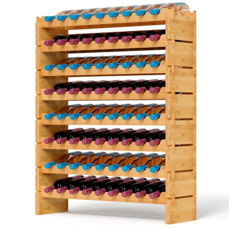 NutriChef 8-Tier Bamboo Wine Rack, Freestanding Stackable Wooden Wine Storage Shelf, Holds 72 Bottles for Bar, Kitchen, or Cellar