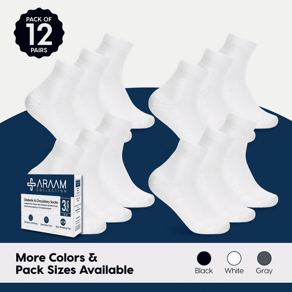 Araam Collection Diabetic Ankle Socks - Non-Binding Cotton Diabetic Socks for Men and Women - 12 pairs, White (Size 10-13)