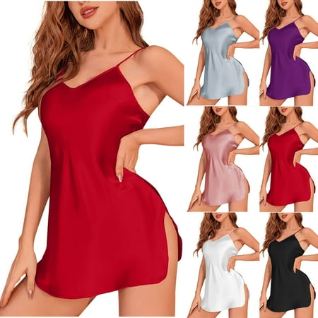 Jinhomg Women s Satin Nightgown Spaghetti Strap V-Neck Midi Sleep Dress Trendy Side Slit Negligee Lingerie Summer Short Nightwear Black L