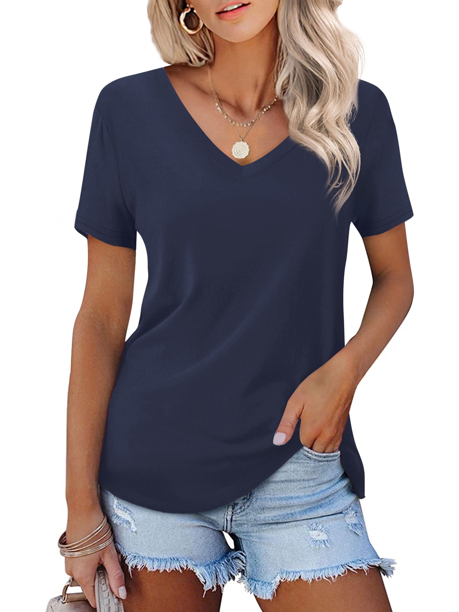 Amoretu Women's V Neck T-Shirts Casual Short Sleeve Basic Tops (Navy ...