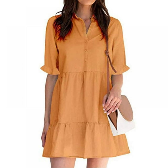 Robe d'Été à Manches Courtes Bouton Volant Manches Mini Robe Couleur Unie Coupe Ample Robe Plissée Fluide Courte