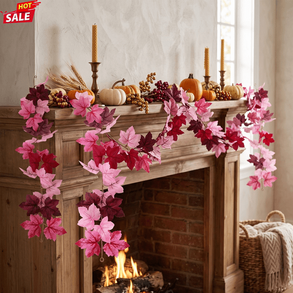 39.37 Inch Pink Artificial Maple Leaf Garland, Fall Harvest Foliage Vine for Mantel, Stair Railing, Wall, Indoor Thanksgiving Wedding Farmhouse Hanging Home Decorations