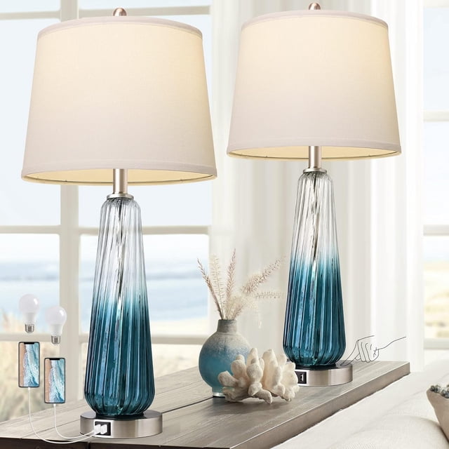 28'' Table Lamps Set of 2, Touch Control, Modern Glass Bedside Lamps 2 USB Ports