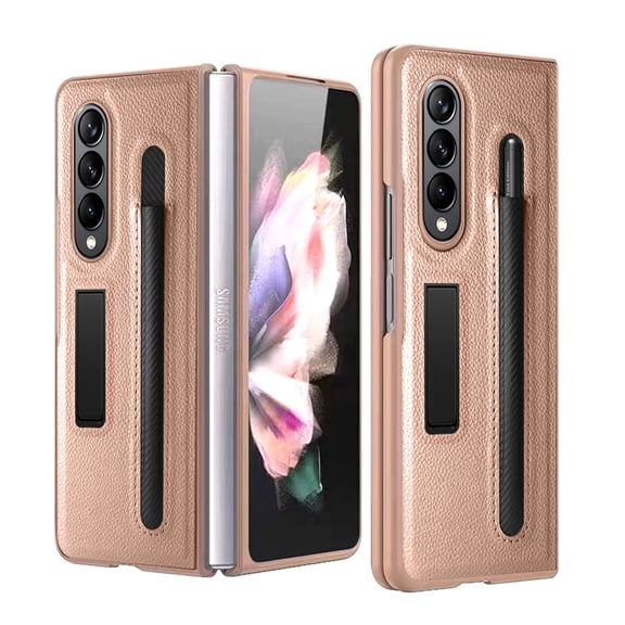 Allytech Case for Samsung Galaxy Z Fold3 with Built-in Kickstand, Slim PU Leather Shockproof Case with S Pen Pocket, Gold