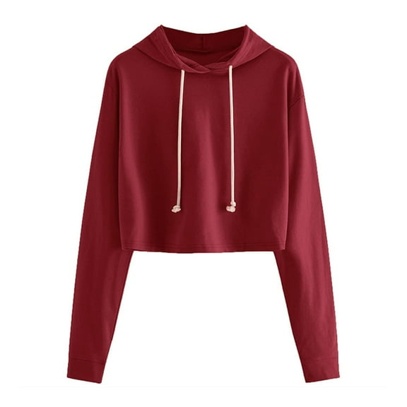 Women Fall Spring Hoodie Drawstring Loose Solid Color Drawstring Elastic Cuff Short Length Casual Pullover Daily Wear Top