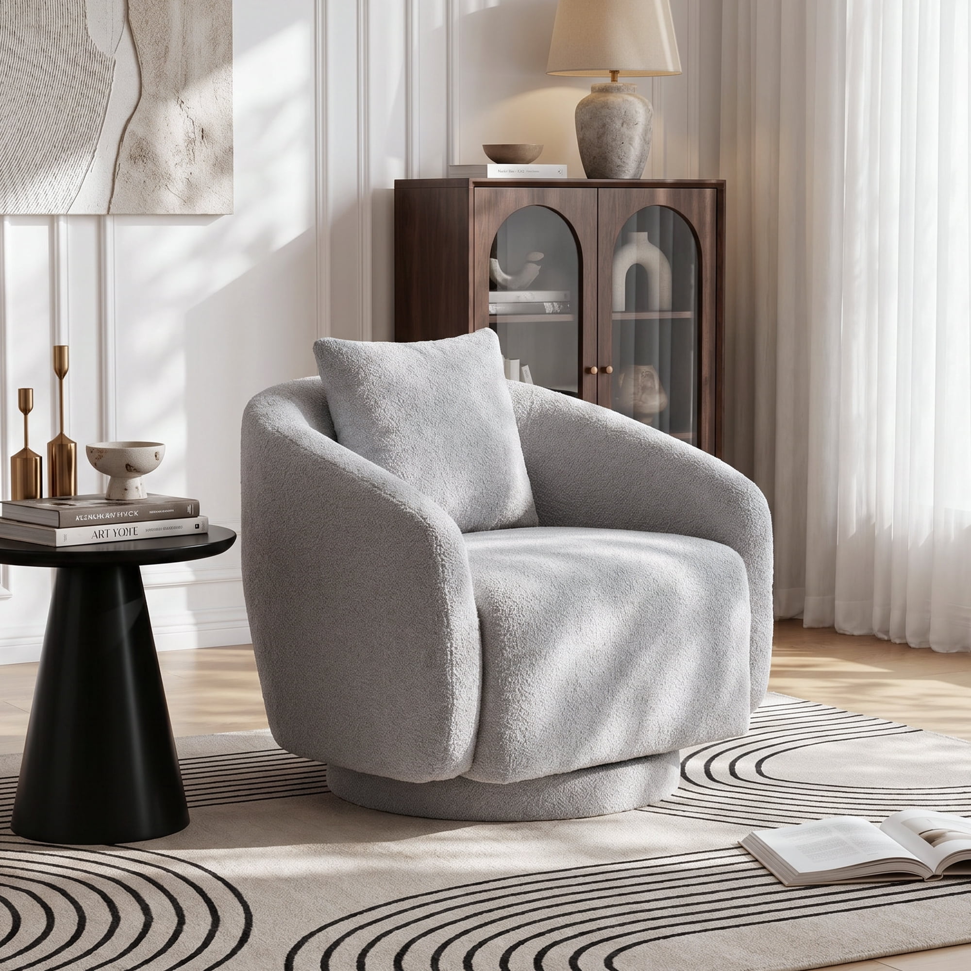 MAYEERTY 28.5" Gray Teddy 360° Swivel Barrel Accent Chair, 300LBS Solid Wood Frame Small Armchair with Pillow for Bedroom Kids Room