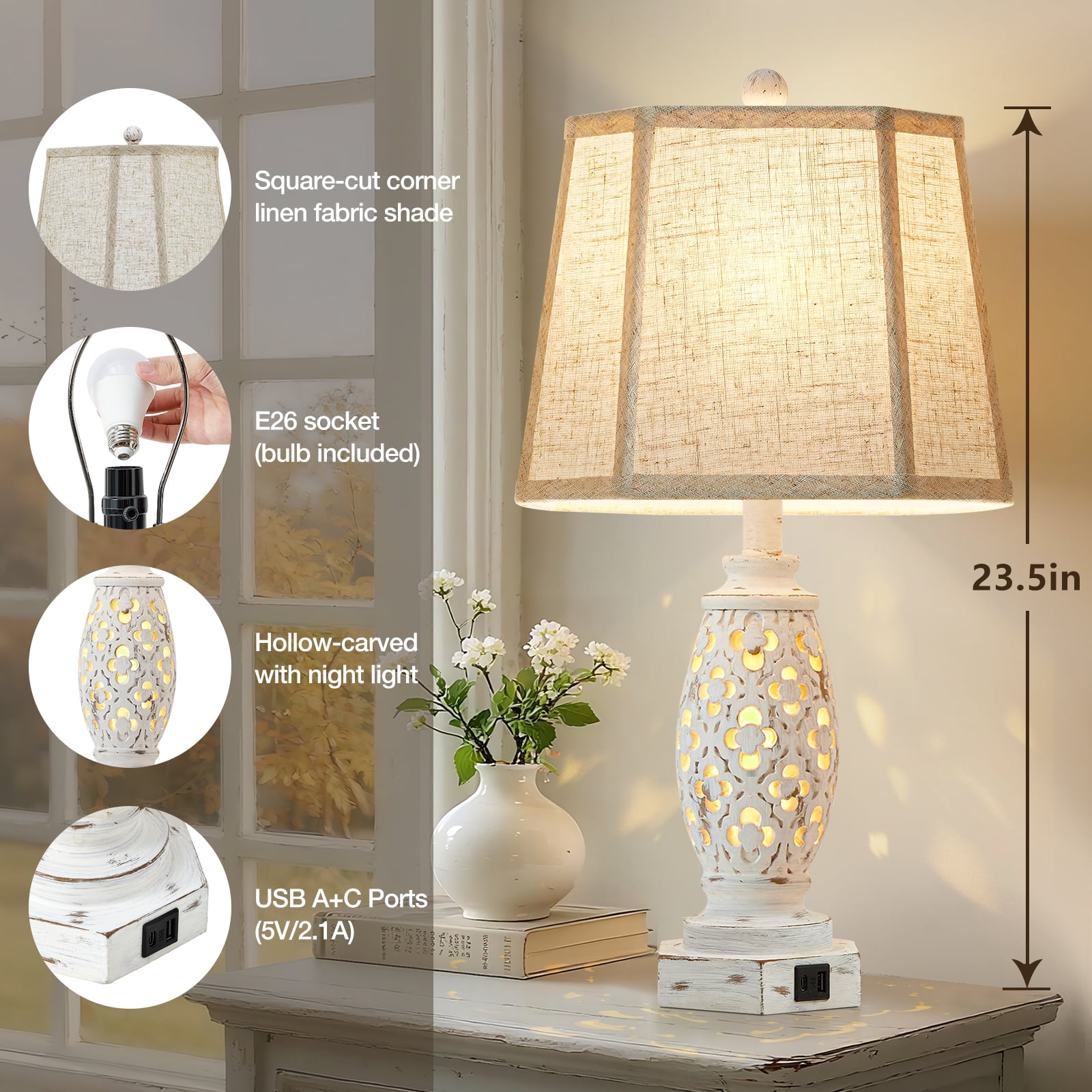 NATYSWAN 23.5" Lamps for Night Stands Set of 2 with USB A+C and Nightlight - Rustic Farmhouse Table Lamp for Bedrooms, End Tables, Living Room - French Country Decor, Bulbs Included.