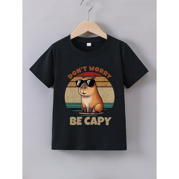 JuneteenthTogether Future Leader-Boys' Summer Short Sleeve T-Shirt - "Don't Worry About Being a Capybara" Cartoon Print, Tee for Youngsters, Tween Boy Clothes