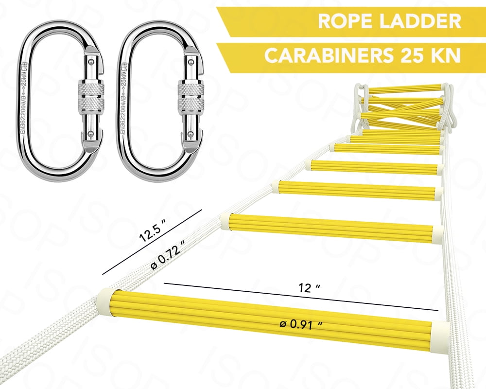 10 m Reusable Flame Resistant Safety Rope Ladder with Carabiners ISOP Emergency Fire Escape Ladder 32 ft Weight Capacity up to 2000 Pounds Safety Cord /& Safety Belt