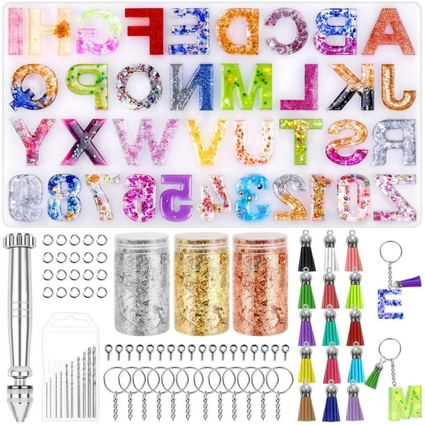 Resin Keychain Mold, Alphabet Resin Mold Kit with Foil Flakes, Keychain  Tassels and Pin Vise Set for Resin Casting, Keychains or House Number  Making 