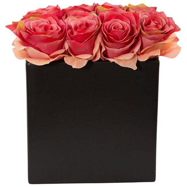 Nearly Natural 1510-DP Arrangement de Roses en Vase Noir, Rose Foncé