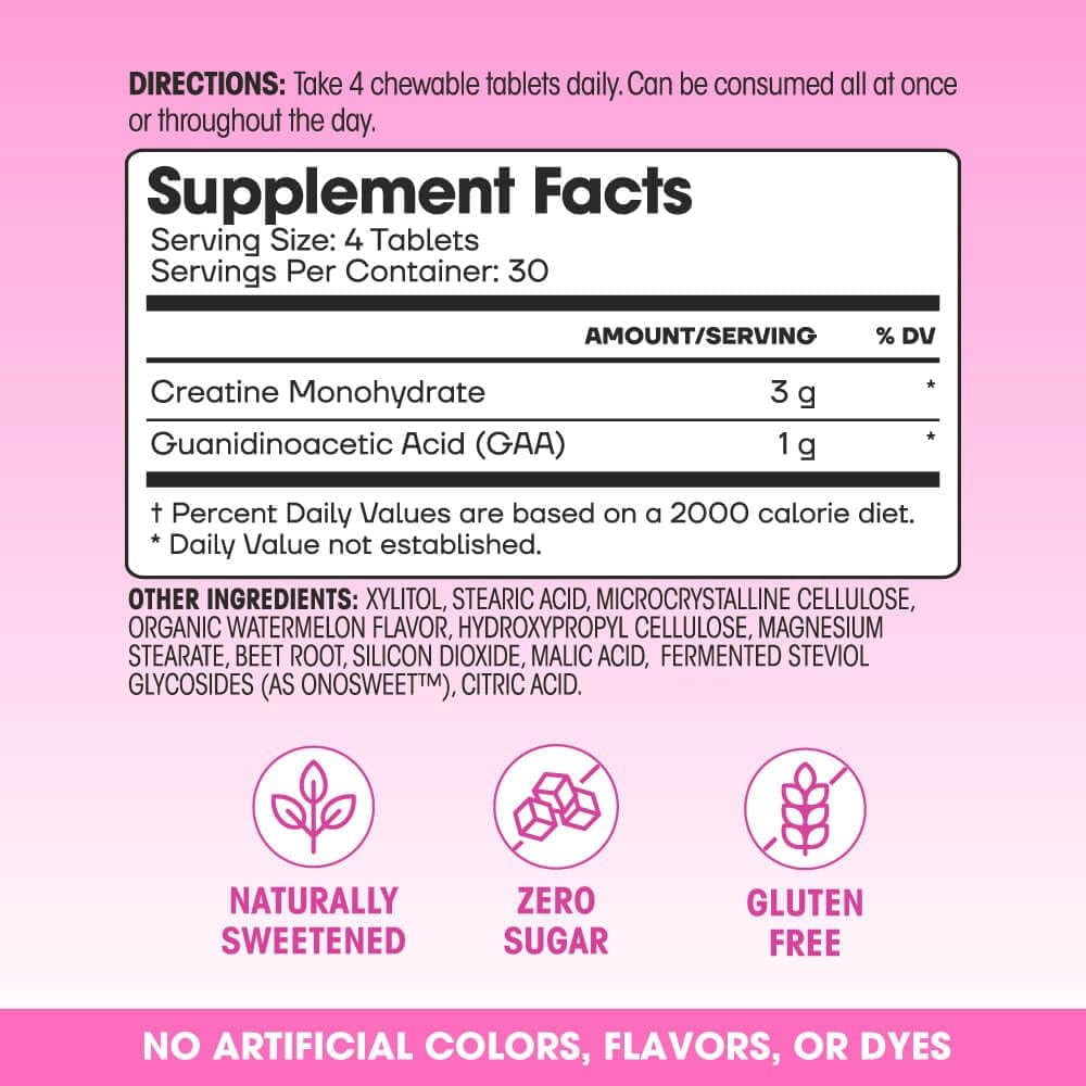 Fit & Lean My Lean Creatine Chewable Tablets, Creatine Monohydrate with GAA, Muscle Performance, Cognitive Function, Reduced Water Retention, Watermelon, 120 Count, 30 Servings