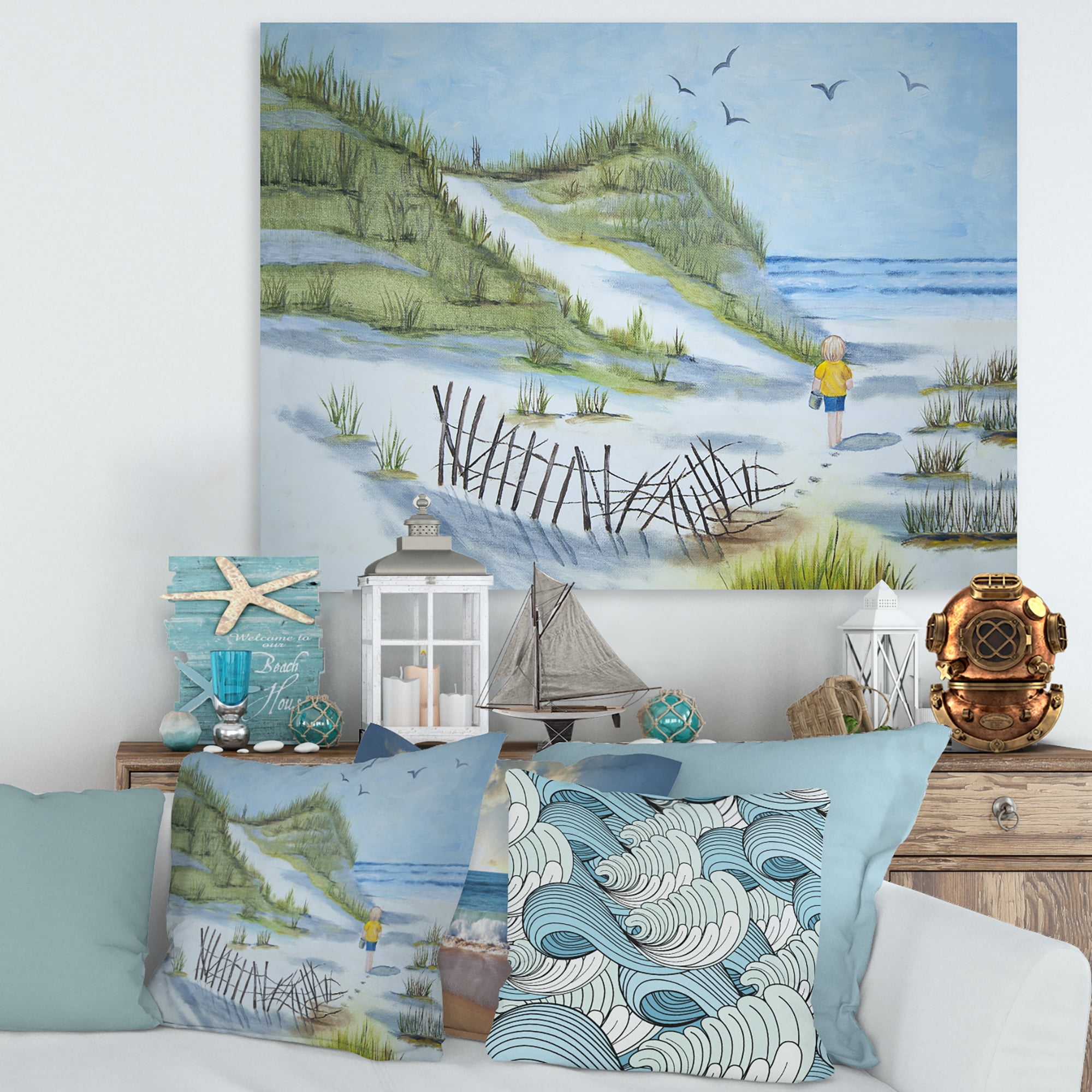 Designart ' Child Walking to The Beach ' Nautical & Coastal Canvas Wall Art Print