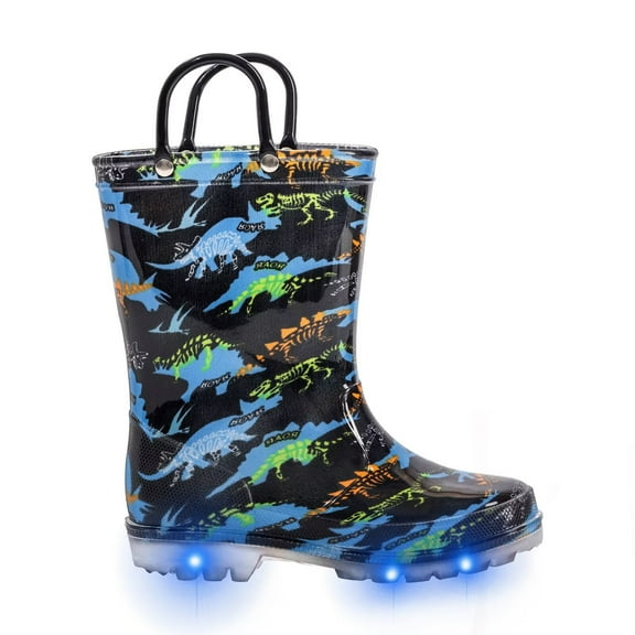 FUNCOO PLUS Boys Rain Boots Toddler Kids Light Up Waterproof Boots with Handles, Dinosaur, Size 11